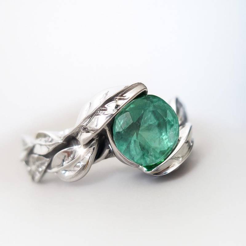 Smaragdblatt Verlobungsring 14K Gold Floral Ehering von Benati