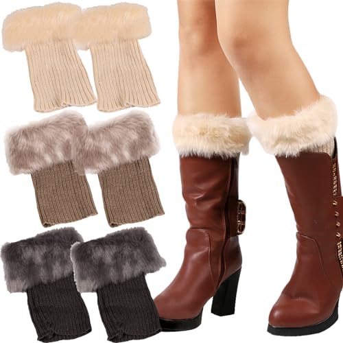 3 Stück Stulpen Damen Beinwärmer, Hohe Fußlose Kniestrümpfe, Legwarmers, Gestrickte Beinwärmer Warme, Damen Beinstulpen, Warme Winter-Stiefelmanschetten, Kurze Knöchelwärmer(Beige, Khaki, Dunkelgrau) von Benaton