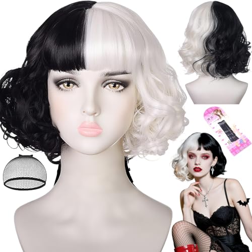 Benaton Cruella de Vil Perücke, Halb Schwarz Und Halb Weiß Kurzes Lockiges Haar, Mitte Halb Schwarz und Halb Weie Damen Kurz Percke fr Cosplay, Halloween, Karneval, Party(Mit Clips und Haarnetze) von Benaton