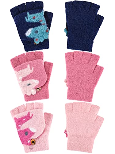 Bencailor 3 Paar Kinder Fingerlose Handschuhe Winter Warm Strick Halbfinger Flip Top Fäustlinge, 5-10 Jahre (Marineblau, Rosa, Rosa) von Bencailor