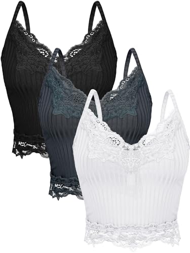 Bencailor 3 Stück Damen Spitze Cami Crop Tops Patchwork Fee Grunge Stil Y2k Mädchen Strick Spitzentops (Weiß, Schwarz, Ozeanblau, M) von Bencailor