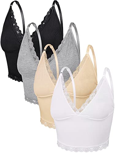 4 Stück Ärmelloses Cami Crop Top Spaghettiträger Tops mit Spitze für Damen (Schwarz, Weiß, Grau, Beige, M) von Bencailor