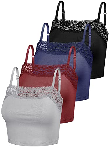 4 Stück Damen Camisole Crop Tops mit Spitzenbesatz Spitzen Cami Tops für Mädchen (as3, Alpha, l, Regular, Regular, Grau, Weinrot, Marineblau, Schwarz) von Bencailor