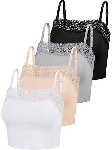 4 Stück Damen Camisole Crop Tops mit Spitzenbesatz Spitzen Cami Tops für Mädchen (as3, Alpha, m, Regular, Regular, Schwarz, Grau, Beige, Weiß) von Bencailor