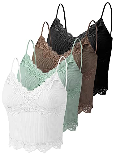 4 Stück Damen Spitze Patchwork Crop Spitzenbesatz Cami Top Spaghettiträger V-Ausschnitt Rippstrick Tops Spitze Camisole für Frauen, Weiß, Grün, Kaffee, Schwarz, Mittel von Bencailor