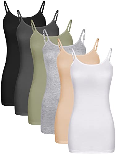 6 Stück Damen Lange Tank Tops, Lange Camisole Workout Tops für Frauen Verstellbare Spaghettiträger Frauen Camis Unterhemden, Schwarz, Weiß, Hautfarbe, Grau, Dunkelgrau, Grün, Mittel von Bencailor