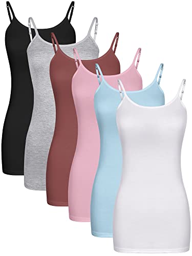 6 Stücke Damen Lange Tank Tops, Lange Camisole Workout Tops für Frauen Verstellbare Spaghettiträger Frauen Camis Unterhemden, helle Farbe, Groß von Bencailor