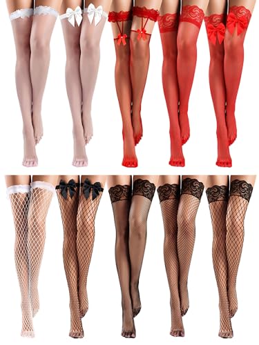 Bencailor 10 Paare Halterlose Netzstrümpfe Transparente Spitzenstrümpfe Oberschenkelhohe Strümpfe Damen(Schwarz Rot Weiß,M) von Bencailor
