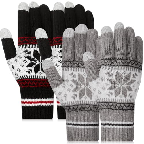 Bencailor 2 Paar Elastische Winter Handschuhe für Damen Warme Vollfinger Halbfinger Strickhandschuhe (Schwarz Grau, Vollfinger) von Bencailor