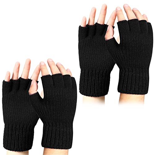 Bencailor 2 Paar Gestrickte Fingerlose Fäustlinge mit Weichem Futter Strick Herren Gestrickte Handschuhe (Schwarz) von Bencailor