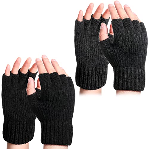 Bencailor 2 Paar Gestrickte Fingerlose Fäustlinge mit Weichem Futter Strick Herren Gestrickte Handschuhe (Schwarz, Grau) von Bencailor