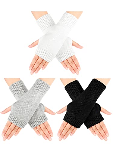 Bencailor 3 Paar Damen Fingerlose Handschuhe Winter Thermo Gestrickt Pulswärmer Daumenloch Warme Fäustlinge (Schwarz, Weiß, Hellgrau) von Bencailor