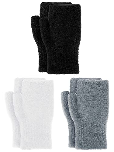 Bencailor 3 Paar Winter Pelzige Fingerlose Fäustlinge mit Daumenloch Gestrickte Nerzpelz Handschuhe Frauen (Schwarz, Weiß, Grau) von Bencailor