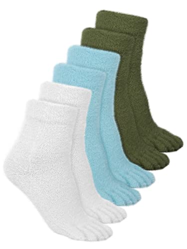 Bencailor 3 Paar Frauen Zehensocken Flauschige Zehensocken Winter Warme Zehensocken Fünf Zehensocken für Mädchen Frauen Herren, Größe 38-42, Grün, Blau, Weiß von Bencailor