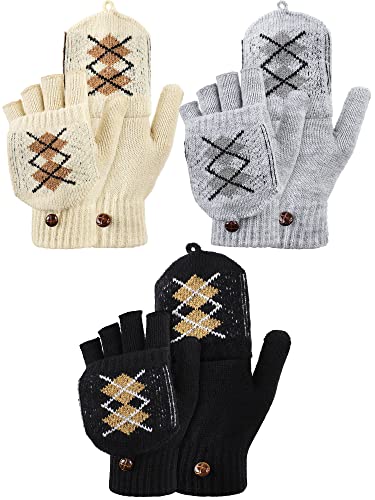 Bencailor 3 Paar Winter Fingerlose Strickhandschuhe Wandelbare Fäustlinge mit Klappenabdeckung (Schwarz, Grau, Beige, Raute) von Bencailor