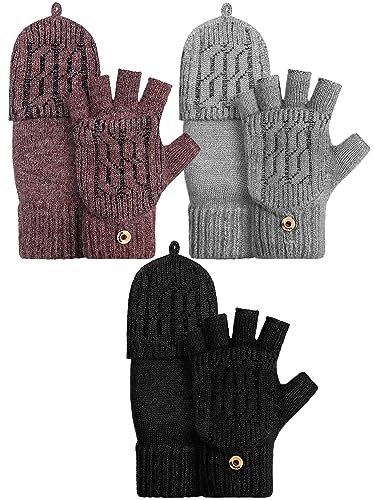 Bencailor 3 Paar Winter Fingerlose Strickhandschuhe mit Flip Top Wandelbare Fäustlinge (Hellgrau, Braun, Schwarz, Schneeflocken) von Bencailor