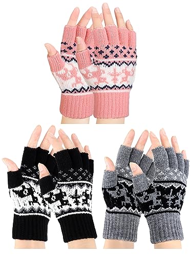 Bencailor 3 Paar Winter Halbfinger Handschuhe für Herren Touchscreen Gestrickte Fingerlose Handschuhe Warme Dehnbare Strick Halbfinger Handschuhe für Unisex Erwachsene (Schwarz, Grau, Rosa) von Bencailor