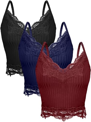 Bencailor 3 Stück Damen Spitze Tank Tops Y2k Camisole Tops Spitze Patchwork Crop Tops Grunge Stil Gerippt Strick Tank Tops, Burgunderrot, Marineblau, Schwarz, Mittel von Bencailor