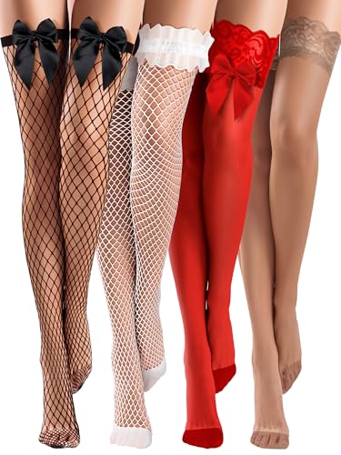 Bencailor 4 Halterlose Netzstrümpfe Spitzenstrümpfe Oberschenkelhohe Strümpfe(Schwarz, Weiß, Rot und Kaffee,M) von Bencailor