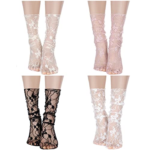 Bencailor 4 Paar Damen Sheer Mesh Slouch Socken Spitzensocken Netzsocken Neuheit Verziert Tüllsocken Nylon Lose Socken Knöchel Hohe Socken (Schwarz, Weiß, Aprikose, Rosa, Stilvoller Stil) von Bencailor