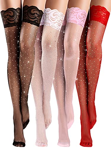 Bencailor 4 Paar Halterlose Netzstrümpfe Spitzenstrümpfe Oberschenkelhohe Strümpfe für Damen (Schwarz, Weiß, Rot, Rosa, M) von Bencailor