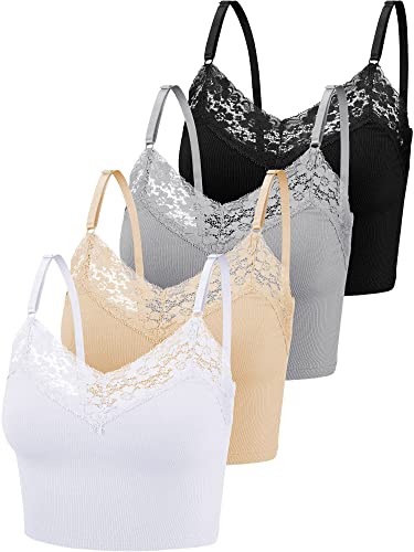 Bencailor 4 Stück Damen Spitzen Cami Tops Camisole Tank Tops Verstellbare Spaghettiträger Oberteile (Weiß, Nude, Grau, Schwarz, L) von Bencailor