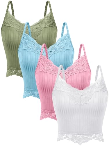 Bencailor 4 Stück Spitze Y2k Tank Tops Fairy Grunge Kleidung Crop Tops Spitze Patchwork Cami Rippstrick Tank für Damen, Weiß, Rosa, Olivgrün, Mintblau, X-Groß von Bencailor