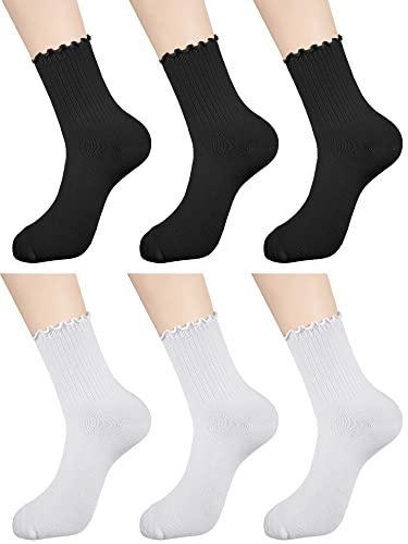 Bencailor 6 Paar Damen Söckchen mit Rüschen, Wendemanschetten, Wellensocken, Solide Rüschensocken Schule Socken Damen, Schwarz Weiß von Bencailor