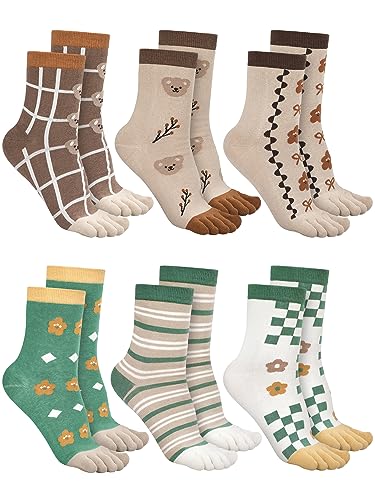 Bencailor 6 Paar Damen Zehensocken Niedriger Schnitt Laufen Getrennte Zehensocken Fünf Zehensocken für Damen Casual, Grün, Kaffeefarben, Einheitsgröße von Bencailor