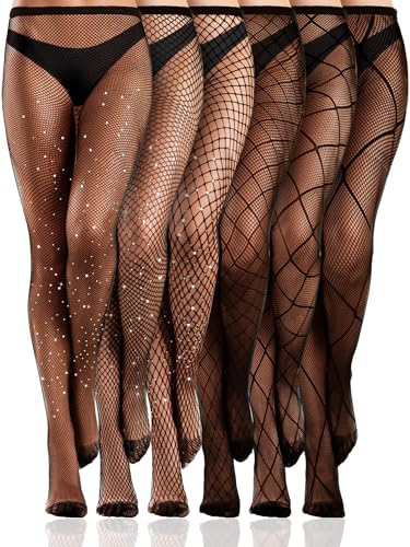 Bencailor 6 Paar Netzstrumpfhose für Damen hohe Taille Fischernetz Strumpfhosen Netzstrümpfe Strümpfe für Halloween(Rhinestone Schwarz,M) von Bencailor