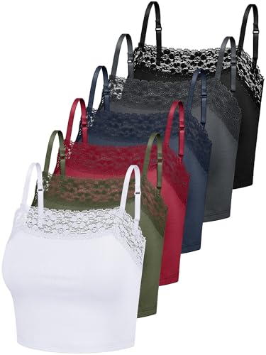 Bencailor 6 Stück Damen Spitze Camisole Spaghettiträger Bralettes Crop Tops Halbes Cami Top Bandeau Tank Tops, Weiß / Rot / Schwarz, Mittel von Bencailor