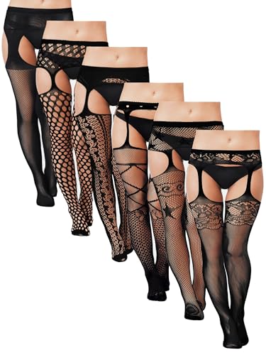 Bencailor 6 Paar Frauen Übergröße Netzstrümpfe Plus Oberschenkelhohe Pantyhose Netzstrumpfhose Sets (Schwarz, Elegant) von Bencailor