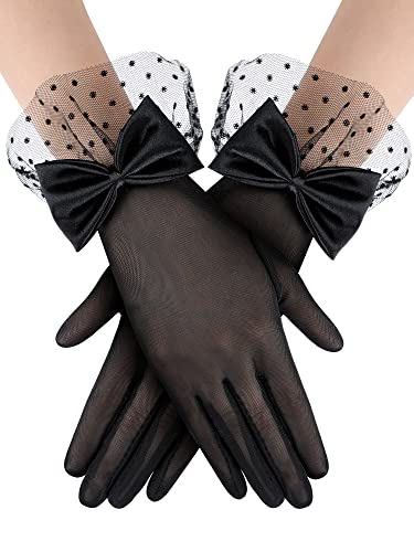 Bencailor Damen Spitzen Handschuhe Hochzeit Party Handschuhe Kurze Ball Elegante Handschuhe mit Schleife für Sonnenschutz Trauerfeier (Schwarz) von Bencailor