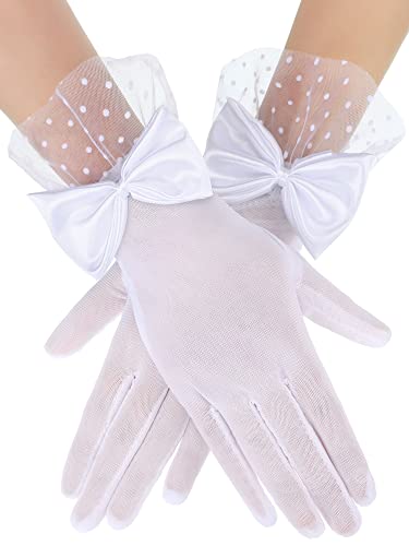 Bencailor Damen Spitzen Handschuhe Hochzeit Party Handschuhe Kurze Ball Elegante Handschuhe mit Schleife für Sonnenschutz Trauerfeier (Weiß) von Bencailor