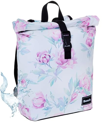 Bench Rucksack Damen Mädchen Daypack Tasche medium backpack Handtasche Damenrucksack A4 wasserabweisend Plane outdoor Hydro Compact 64222 + bagboom Schlüsseletui (White Flower/weiss 2021) von Bench