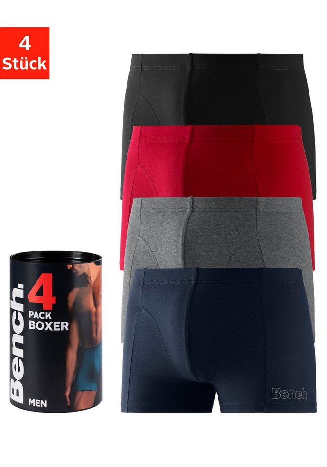 Bench. Boxer Boxershorts für Herren (Dose, 4-St) Unterhosen in der Dose mit kleinem Logodruck auf dem Bein von Bench.