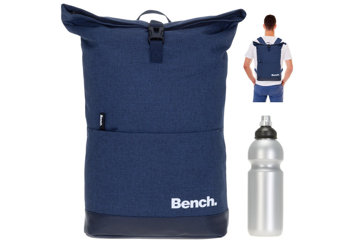 Bench. Rucksack Damen Herren Kurierrucksack Laptop Fach Roll-Top, 19 Liter Daypack DIN A4 mit Geheimfach 64180 + Trinkflasche von Bench.