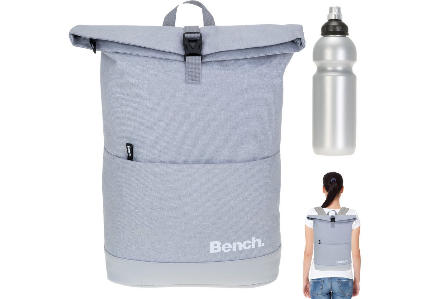 Bench. Rucksack Damen Herren Kurierrucksack Laptop Fach Roll-Top, 19 Liter Daypack DIN A4 mit Geheimfach 64180 + Trinkflasche von Bench.