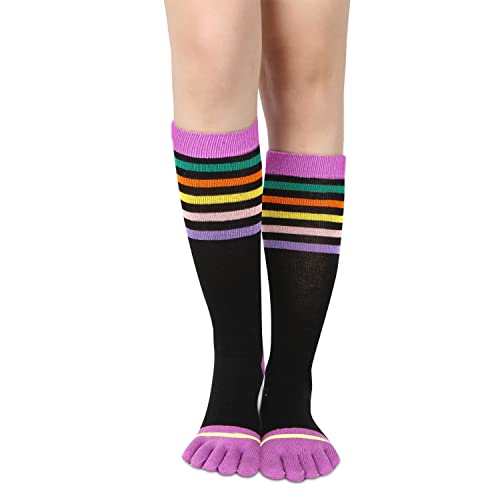 Benefeet Sox Damen Kniestrümpfe Herren Bunte Regenbogen Gestreifte Lange Zehensocken Unisex Fünf Finger Socken Weihnachtsgeschenk, Violett / Schwarz, Einheitsgröße von Benefeet Sox