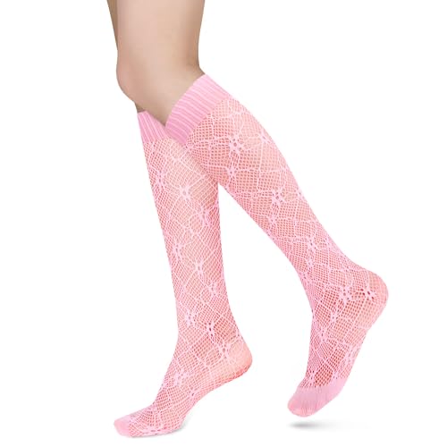 Benefeet Sox Damen Mädchen Nette Fischnetz Kniestrümpfe Bunte Aushöhlen Sheer Mesh Slouch Socken Sexy Spitze Kniestrümpfe Geschenke, Pink, Einheitsgröße von Benefeet Sox