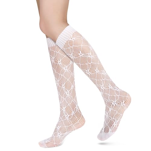 Benefeet Sox Damen Mädchen Nette Fischnetz Kniestrümpfe Bunte Aushöhlen Sheer Mesh Slouch Socken Sexy Spitze Kniestrümpfe Geschenke, Weiss/opulenter Garten, Einheitsgröße von Benefeet Sox