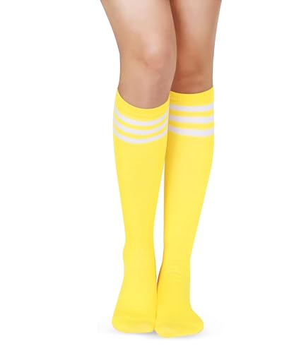 Benefeet Sox Kniestrümpfe für Damen und Mädchen, dreifach gestreift, für Rollschuhe, Baumwolle, Sportsocken, Kostümstrumpf, Gelb mit weißen Streifen, Einheitsgröße von Benefeet Sox