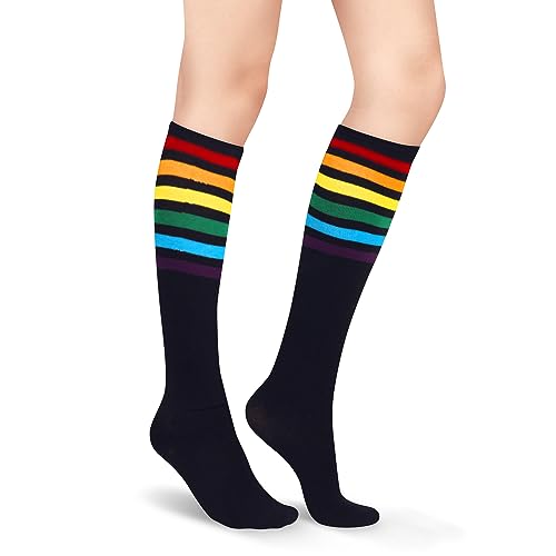 Benefeet Sox Kniestrümpfe für Damen und Mädchen, dreifach gestreift, für Rollschuhe, Baumwolle, Sportsocken, Kostümstrumpf, Schwarz Regenbogen, Einheitsgröße von Benefeet Sox