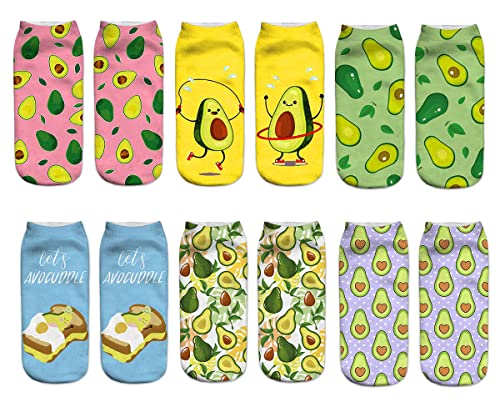 Benefeet Sox Lustige Socken für Mädchen und Damen, verrückte Knöchelsocken mit 3D-Druck-Muster, niedliche dumme Baumwolle, kurze Socken, Geschenke, 6 Paar - Avocado, Einheitsgröße von Benefeet Sox