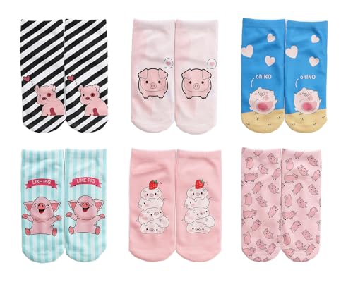 Benefeet Sox Lustige verrückte Knöchelsocken für Damen und Mädchen, lustige 3D-Druck-Muster, alberne süße Socken, 6er-Pack, Schwein, Einheitsgröße von Benefeet Sox