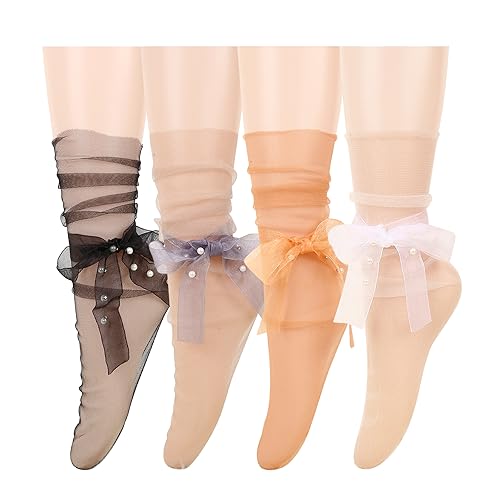 Benefeex Sox Damen-Socken, durchsichtige Spitze, lose Socken, dekoriert, Netzstoff, transparent, durchsichtig, Tüllsocken, Geschenke, 4 Stück - Perlen-Spitzenkrawatte, Einheitsgröße von Benefeet Sox