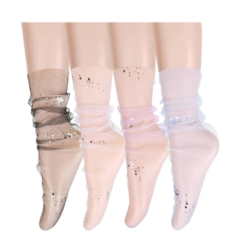 Benefeex Sox Damen-Socken, durchsichtige Spitze, lose Socken, dekoriert, Netzstoff, transparent, durchsichtig, Tüllsocken, Geschenke, 4er-Pack - Glitzer-Glitzer, Einheitsgröße von Benefeet Sox