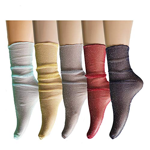 Benefeet Sox Damen Mädchen Sheer Mesh Fischnetz Sparkle Neuheit Elegante Knöchel Slouch Socken Durchsichtig Spitze Glitzer lose Socken - - Medium von Benefeet Sox