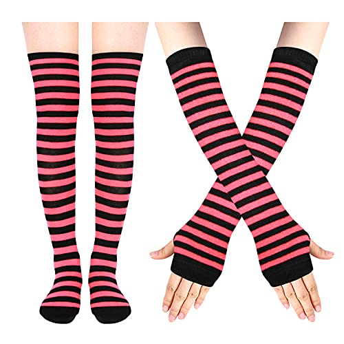 Gestreifte Oberschenkelhohe Socken für Damen, lang, fingerlose Handschuhe, Set für Mädchen, Halloween, Cosplay, Overknee-Strümpfe, lustige Armstulpen, schwarz/pink, von Benefeet Sox