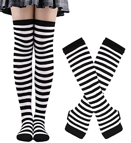 Gestreifte Oberschenkelhohe Socken für Damen, lang, fingerlose Handschuhe, Set für Mädchen, Halloween, Cosplay, Overknee-Strümpfe, lustige Armstulpen, schwarz / weiß, von Benefeet Sox